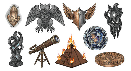 Fantasy Collection: Hand-Drawn Magical and Mystical Artifacts on White Backdrop
