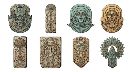 Ancient Tribal Masks and Stone Tablets Illustration on White Background