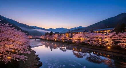 Beautiful Japanese Ryokan and Cherry Blossoms Reflecting in River at Dusk