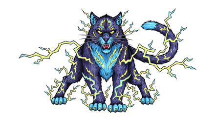 Electric Cat Creature: Striking Feline with Lightning Power on White Backdrop