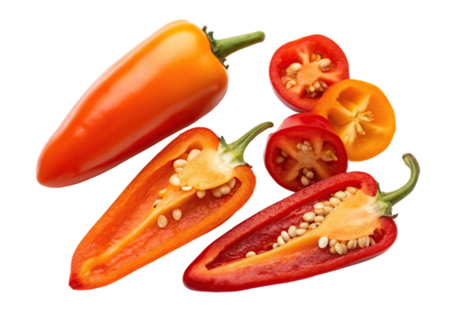 Colorful sweet peppers, whole and sliced, showing seeds isolated on transparent background