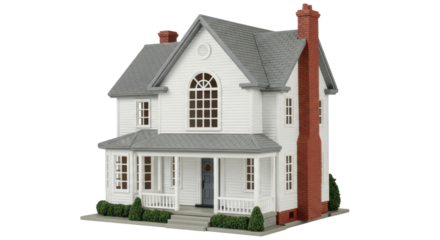 Isolated country-style house, two stories, gray roof, red brick chimney and small front porch