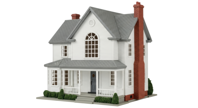 Isolated country-style house, two stories, gray roof, red brick chimney and small front porch