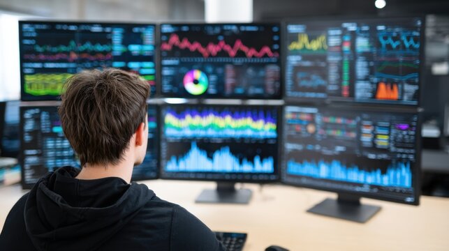 A person is engrossed in the dynamic digital world of data analytics, monitoring a multiple-screen setup that presents complex charts and real-time information in a technological setting.