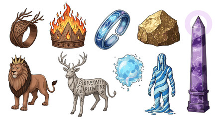 Assorted Fantasy Elements Depicting Royalty, Power, Nature, and Magic