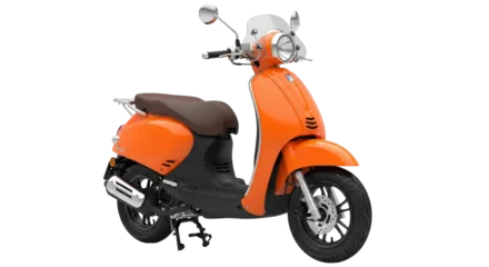 Fototapeten Roller Isolated bright orange modern scooter for urban commuting or rental services, front view  © Johanna