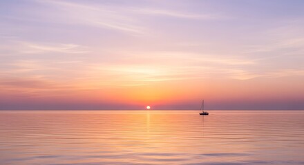 Calm Ocean Sunset with Sailboat and Pastel Sky Reflection Scenery