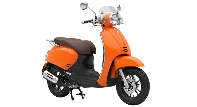 Isolated bright orange modern scooter for urban commuting or rental services, front view