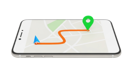 Isolated cell phone with map application and location pins, route for delivery service