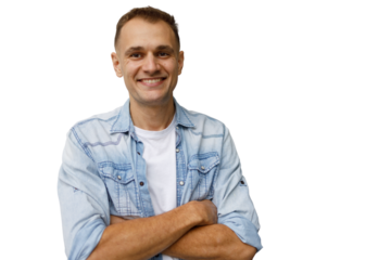 Smiling man wearing denim shirt with arms crossed, looking at camera on transparent background