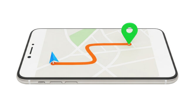Isolated cell phone with map application and location pins, route for delivery service