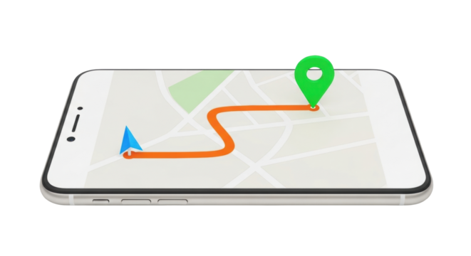 Isolated cell phone with map application and location pins, route for delivery service