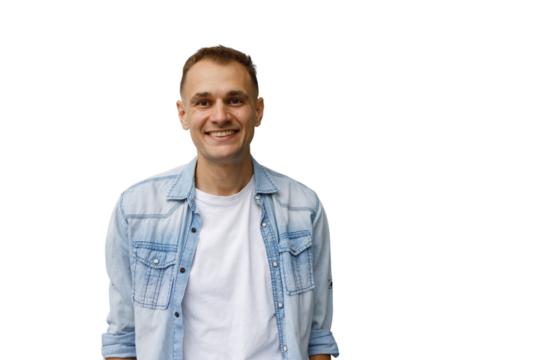 Happy young man smiling in casual denim shirt and white t-shirt with transparent background