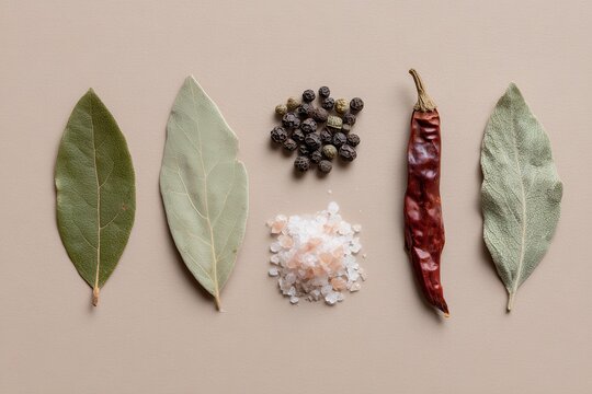 A studio flat lay composition shows bay leaves, whole black peppercorns, coarse salt, and a dried chili pepper arranged on a neutral beige surface in even spacing - Powered by Adobe
