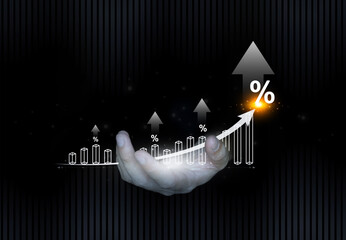 Business growth hand holding rising graph with percentage and arrow, financial success and profit concept