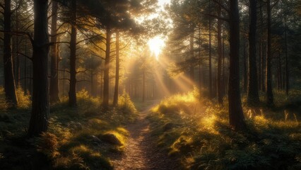 Fototapeta premium Sunbeams pierce a misty forest path
