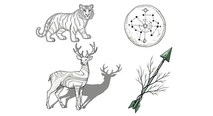 Mystical Creatures and Objects in Artistic White Background Illustration