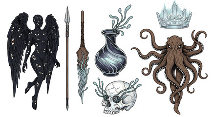 Occult Fantasy Set: Angelic Being, Skull, Vessel, Weapons, and Octopod