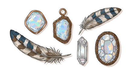 Collection of illustrated pendants, a crystal, and feathers on white