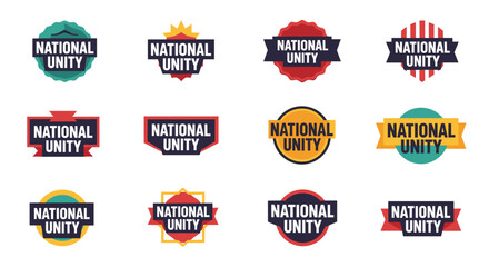 A collection of various National Unity badge designs, featuring diverse shapes, colors, and decorative elements, suitable for patriotic and community-focused branding.