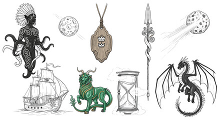 Mystical Fantasy Illustration Featuring Creatures, Objects, and Other Unique Elements