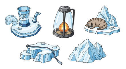 Arctic Cartoon Scene Featuring Objects on Ice Floes Illustration