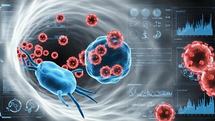 Animated microscopic view of virus cells traveling through bloodstream - Powered by Adobe