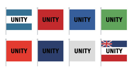 A collection of diverse flags displaying the word 'UNITY' on a white background, representing collaboration, solidarity, and the concept of joining forces for a common goal.