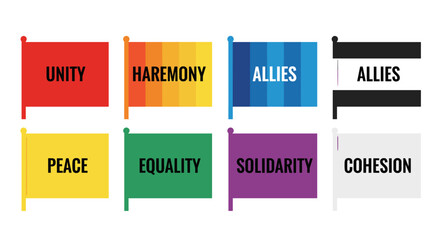 A collection of colorful flags, each inscribed with a word representing core values of unity, harmony, and equality, promoting inclusivity and solidarity in a graphic, symbolic design.