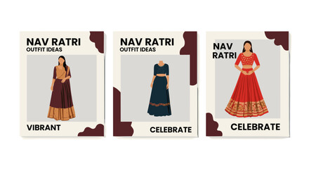 Three stylized Navratri outfit ideas are presented, showcasing vibrant and festive clothing options for the celebration, each with a unique design and style.
