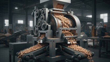 Dynamic medium shot of mechanized peanut sheller operating smoothly featuring moving parts separating shells from peanuts in a factory environment