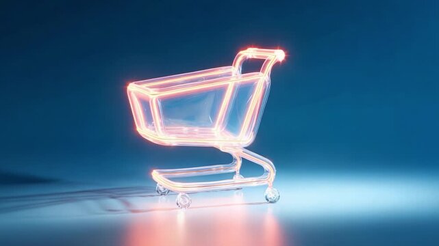 A transparent shopping cart illuminated with vibrant lights against a deep blue background, showcasing a blend of modern design and artistic light play, ideal for promoting retail or shopping concepts