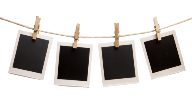 Four Blank Instant Photo Frames Hanging on Rope – Empty Polaroid Gallery Mockup PNG
