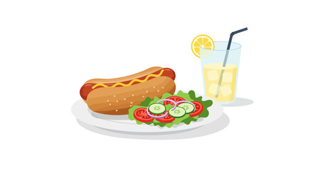 A hotdog on a plate next to a salad and a glass of lemonade with a lemon slice and a straw