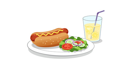 A hotdog with mustard salad and lemonade on a plate