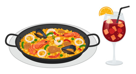 A pan of paella on a platter beside a glass of sangria