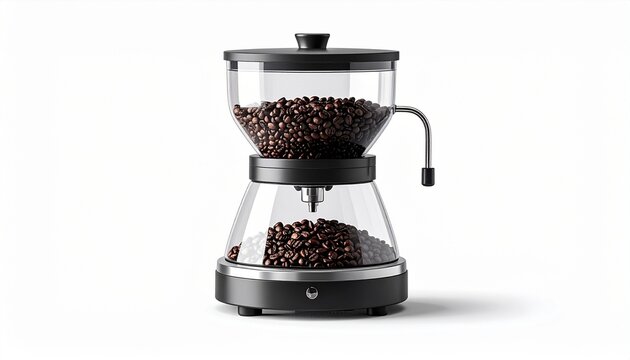 A realistic coffee grinder with transparent bean hopper and stainless steel base isolated on white background
 - Powered by Adobe