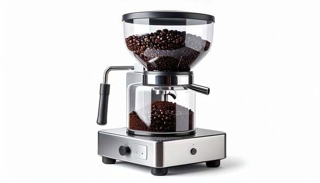 A realistic coffee grinder with transparent bean hopper and stainless steel base isolated on white background
