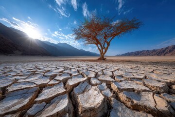 Desolate desert landscape reveals cracked earth under a solitary tree at dusk