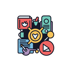 A vibrant, vector illustration showcases various icons and symbols representing creativity, design, and digital media, perfect for use in modern branding and marketing materials.