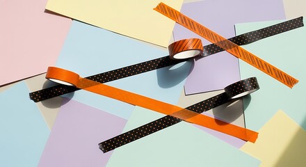 Colorful washi tape rolls and strips on pastel colored paper background