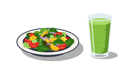A plate of salad and a glass of green smoothie sit sidebyside against a white backdrop