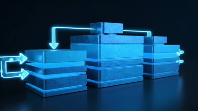 Glowing blue geometric shapes illustrate data storage and processing, while modern design of stacked blocks conveys technology and innovation through vibrant connections and advanced digital