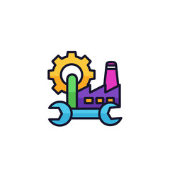 A vibrant, vector illustration showcases an industrial factory with a gear, wrenches, and a chimney, symbolizing manufacturing and engineering concepts in a colorful, modern style.