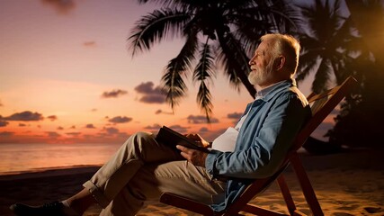 Senior man reads book on beach at sunset leisure and relaxation