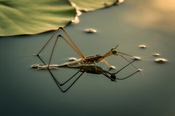 Close-up macro photograph of a water strider gliding gracefully on the water surface with reflections