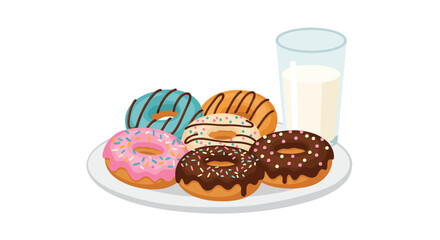 An illustration of donuts on a plate and a glass of milk