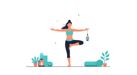 An illustration of a woman practicing yoga in a tree pose, surrounded by yoga equipment and plants, representing a healthy lifestyle and mindfulness in a minimalist style.