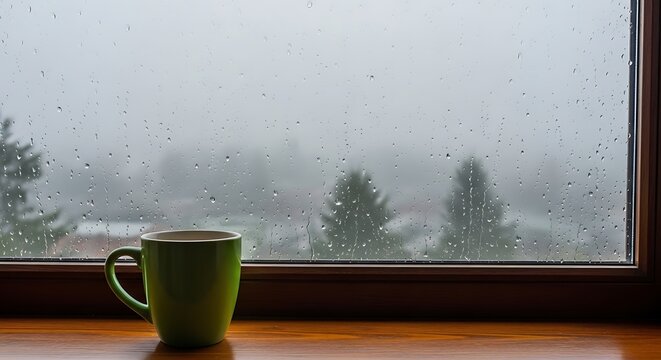 Cozy rainy day scene with green mug and blurred landscape - Powered by Adobe