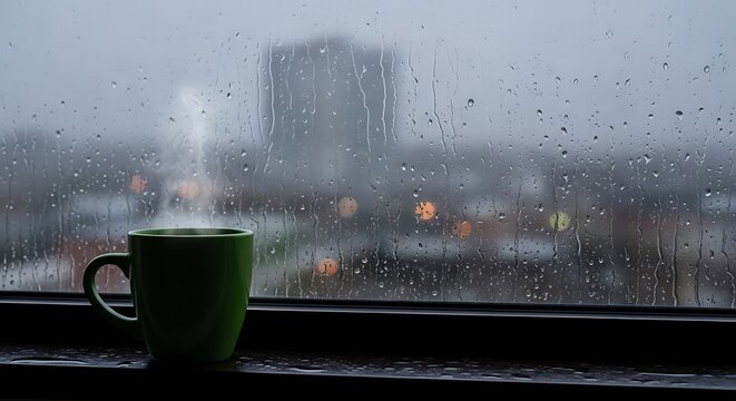 Cozy rainy day with a cup of tea at the window